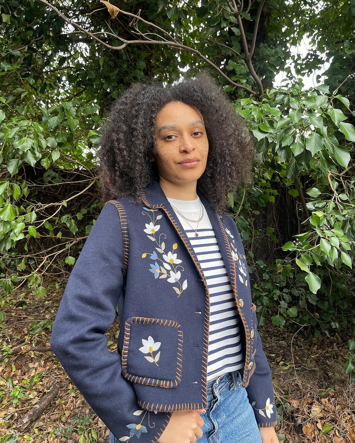Sunday Embroidered Wool Jacket in Petal Embroidery Navy | RIXO USA ⋆