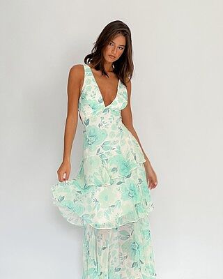 Veda Strappy Back Ruffle Maxi Dress Floral Green Selfie Leslie