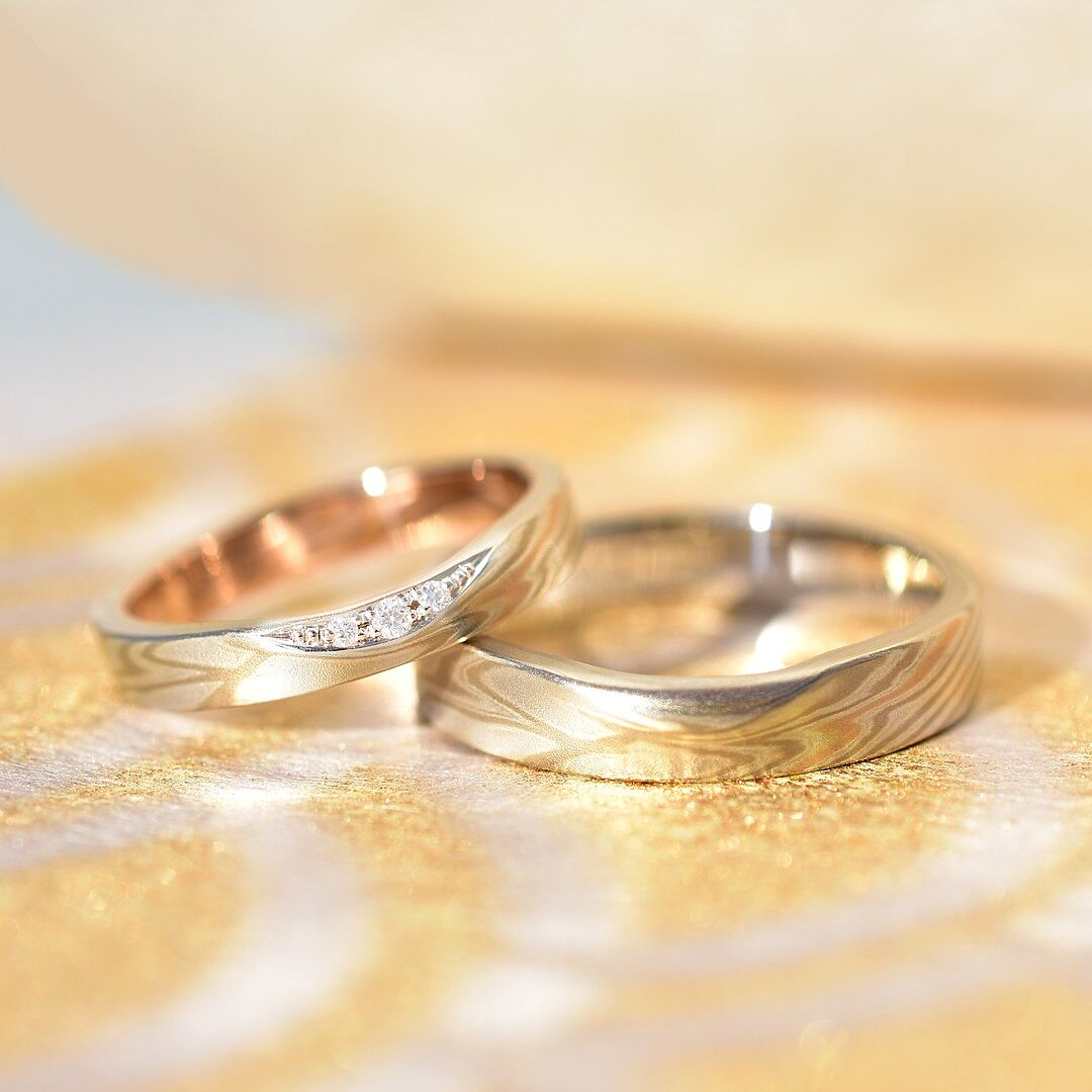 結婚指輪デザイン（木目金ストレート 紅ひとすじ-ピンクゴールド
