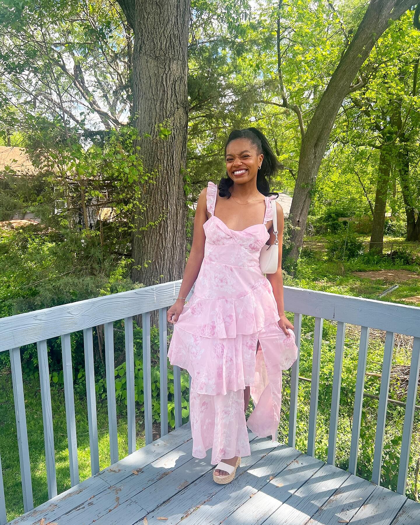 Veda Ruffle Strap Split Maxi Dress Roses Blush– Selfie Leslie