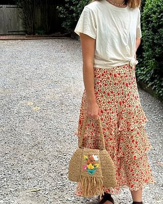 【RIXO】tiered floral-print ette ミディ スカート Women's Floral Print Elastic Waist Ruffle Maxi Tiered Skirt