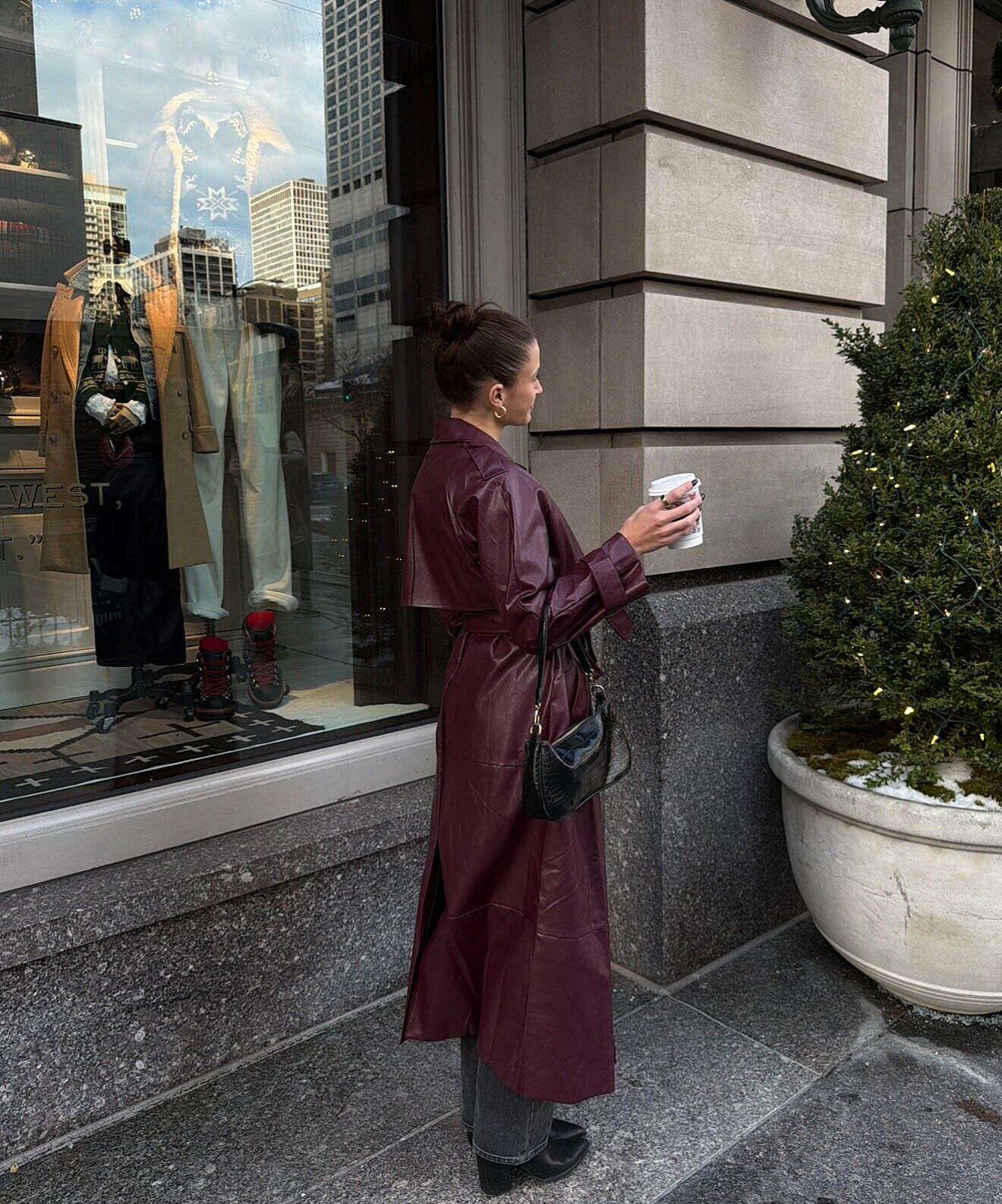 Lyora Longline Faux Leather Trench Coat Burgundy | Selfie Leslie