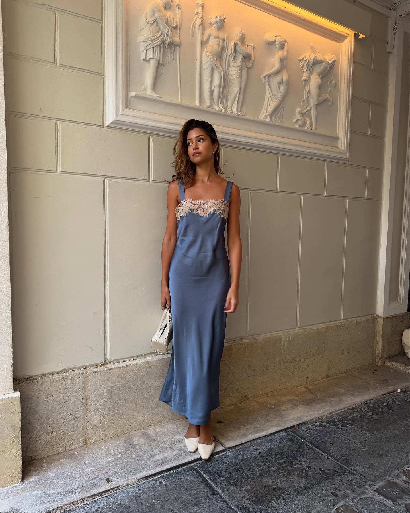 Rosamarie Satin Dress in Stone Blue | RIXO