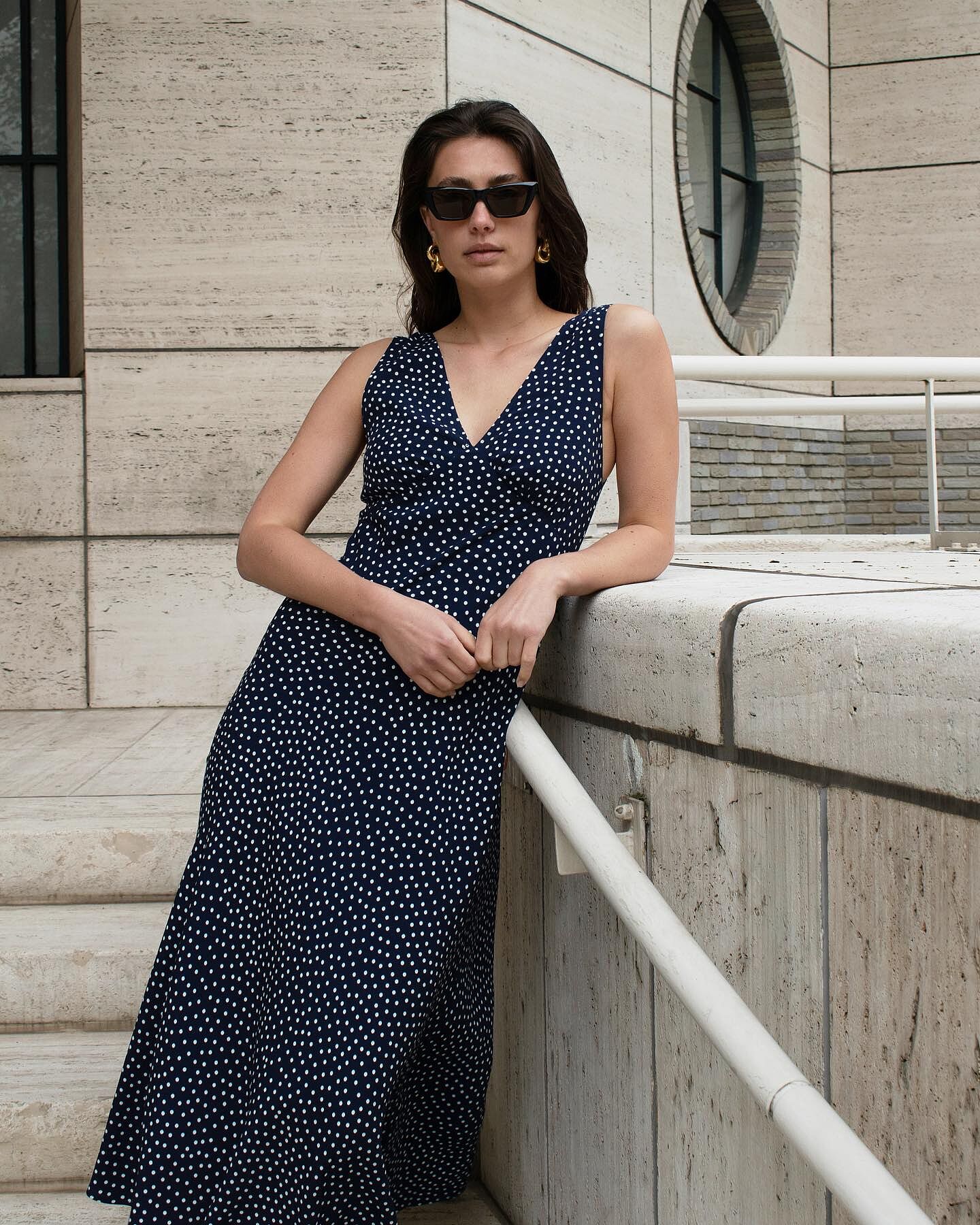 Sandrine Midi Dress in Mini Navy Polka Dot | RIXO