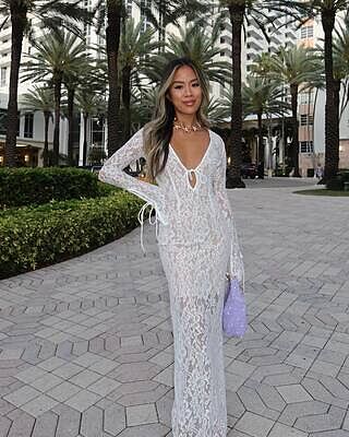 Paula Maxi Dress - Lace V Neck Long Sleeve Column Dress in White
