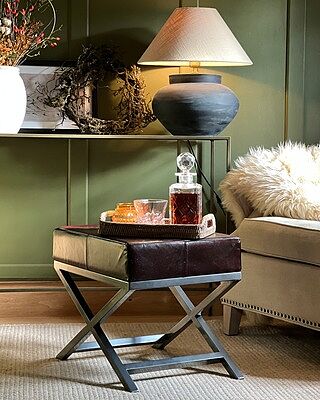 Criss Cross Real Leather & Metal Bench - 17 Inch