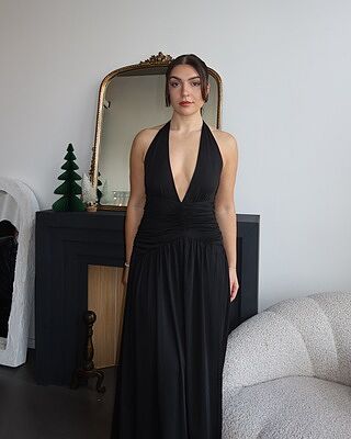 Sandy Maxi Dress - Halter Plunge Fit And Flare Dress in Black