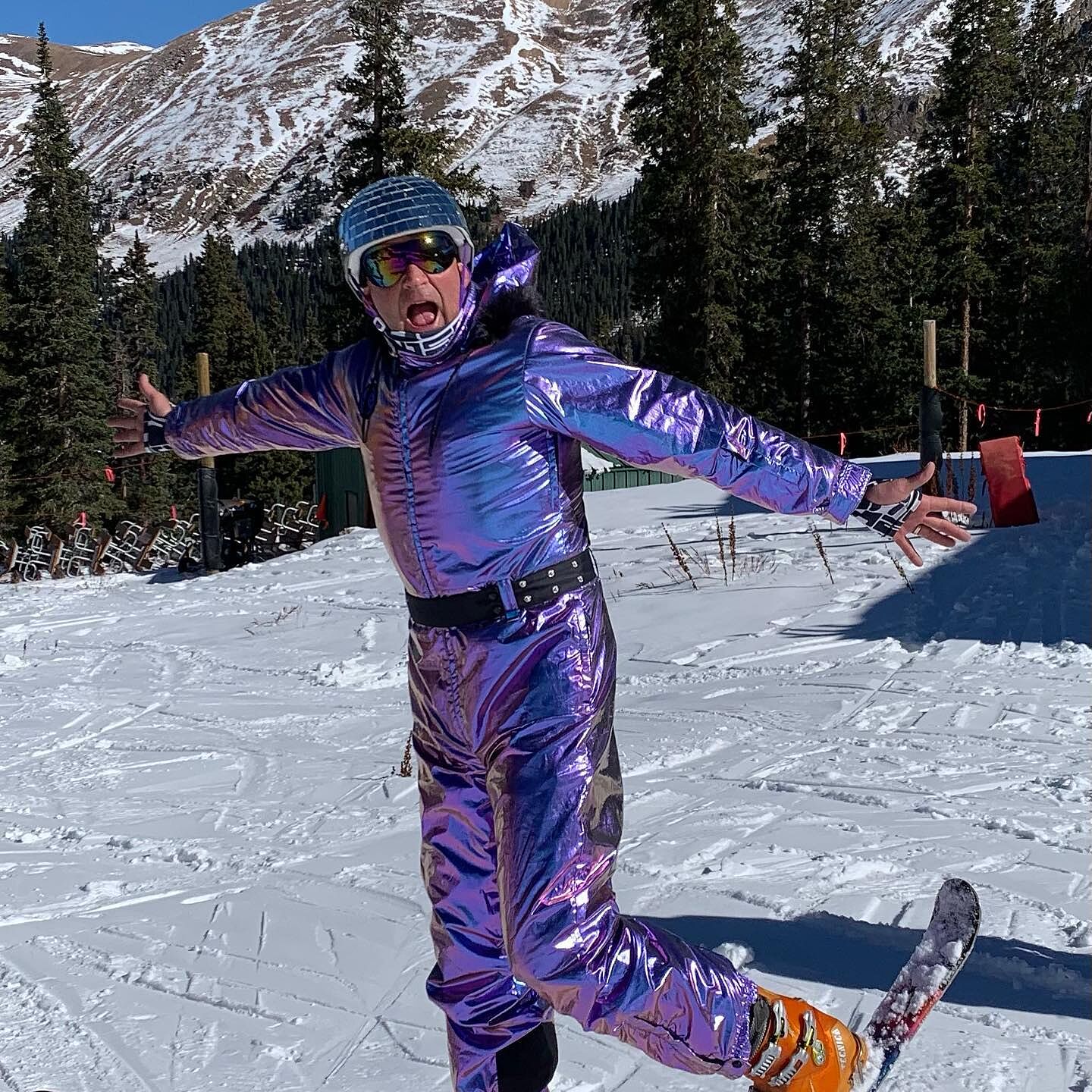 iridescent ski suit