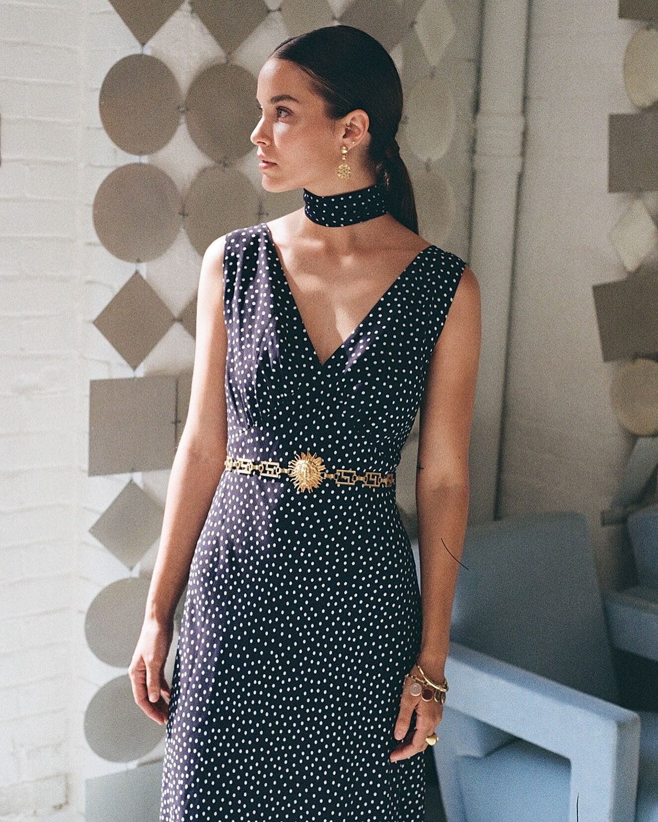 knee length dresses for ladies Sandrine Midi Dress in Mini Navy Polka Dot