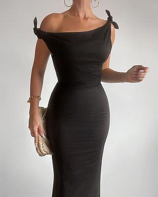 Cincinnati Midi Dress - Off The Shoulder Side Split Column Linen Dress in Black