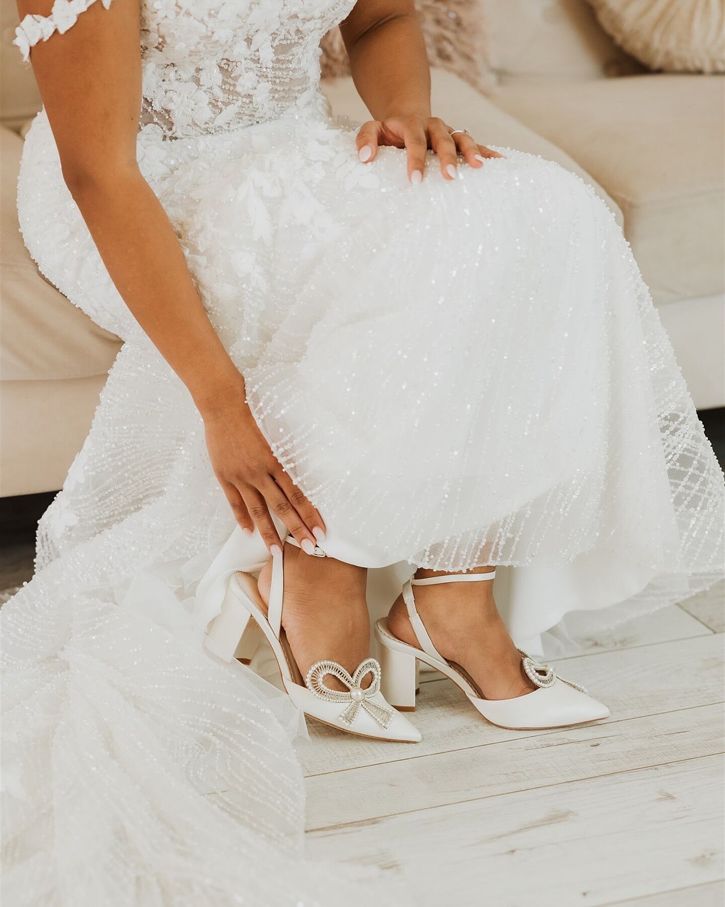Slingback Pearl Wedding Shoes with Bow and Block Heel
