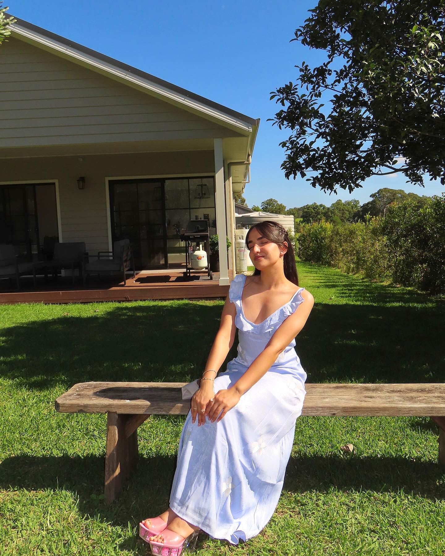 Hibiscus Ruffle A-line Maxi Dress Blue | Selfie Leslie