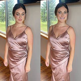 Revelry Rory Satin Fitted V Neck Maxi Bridesmaid Dress 4 Cinnamon