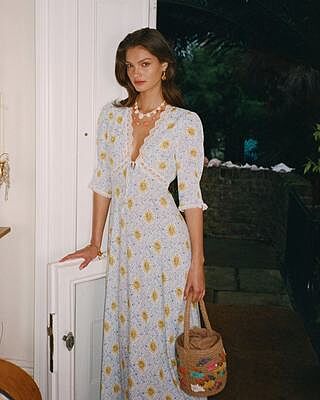 Amina Midi Dress in English Daisy Deep Navy