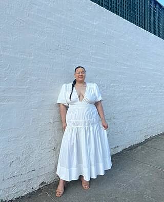 Mellie Midi Dress - Puff Sleeve Plunge Tiered Dress in White | Showpo USA