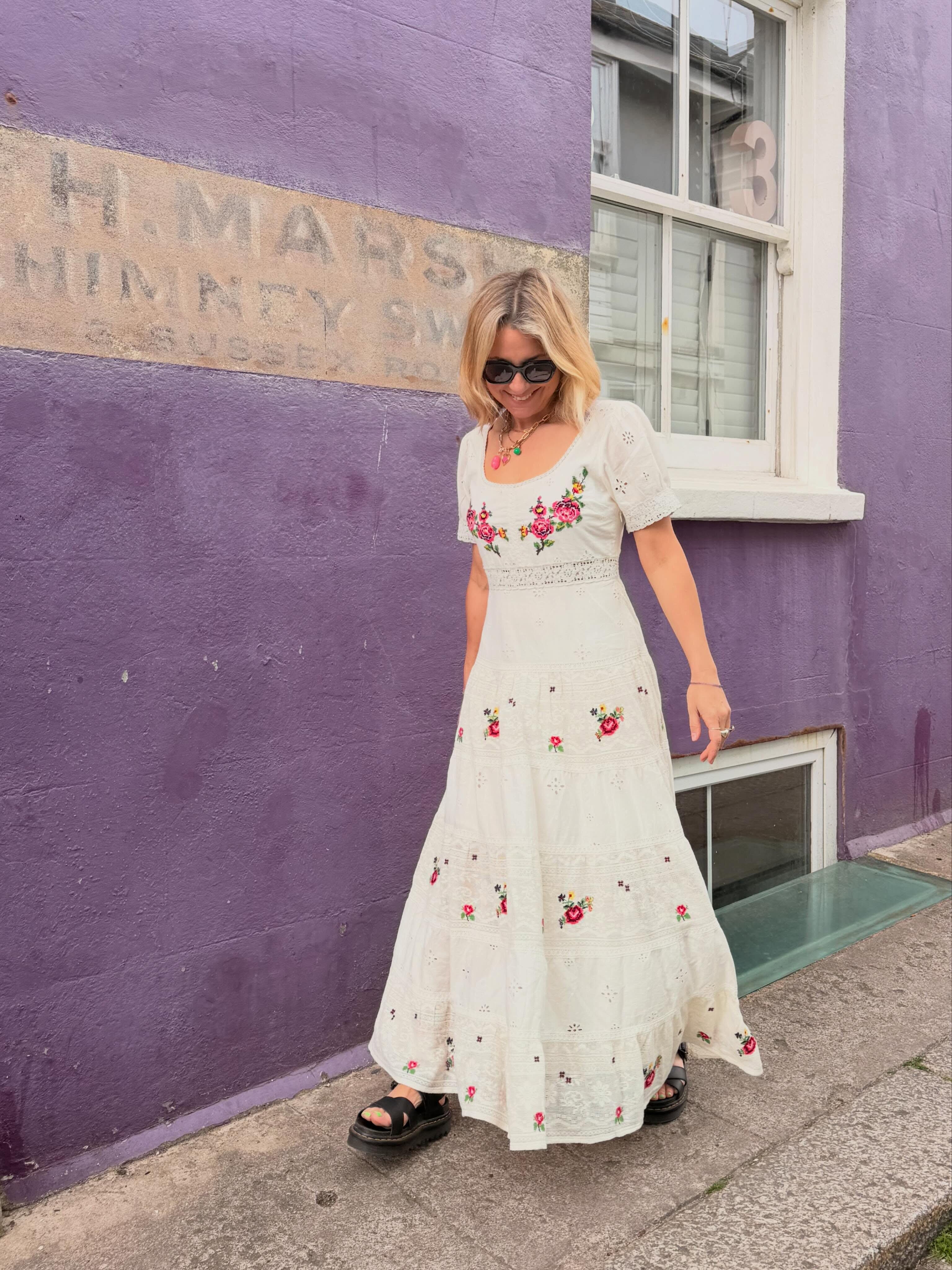 Cady Embroidered Cotton Midi Dress in Spring Rose Embroidery Cream