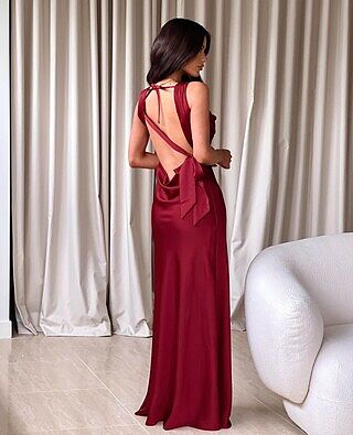 Laria Wine Satin Formal Maxi Dress - Main Image