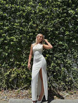Shop the Daleela Asymmetric Neckline Maxi Dress Vanilla