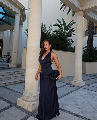 Elcie Drop Waist Halter Maxi Dress Navy | Selfie Leslie