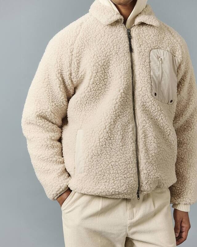 Men's Full Zip Fleece Jacket | Wool | Ecru Cream | Percival Menswear