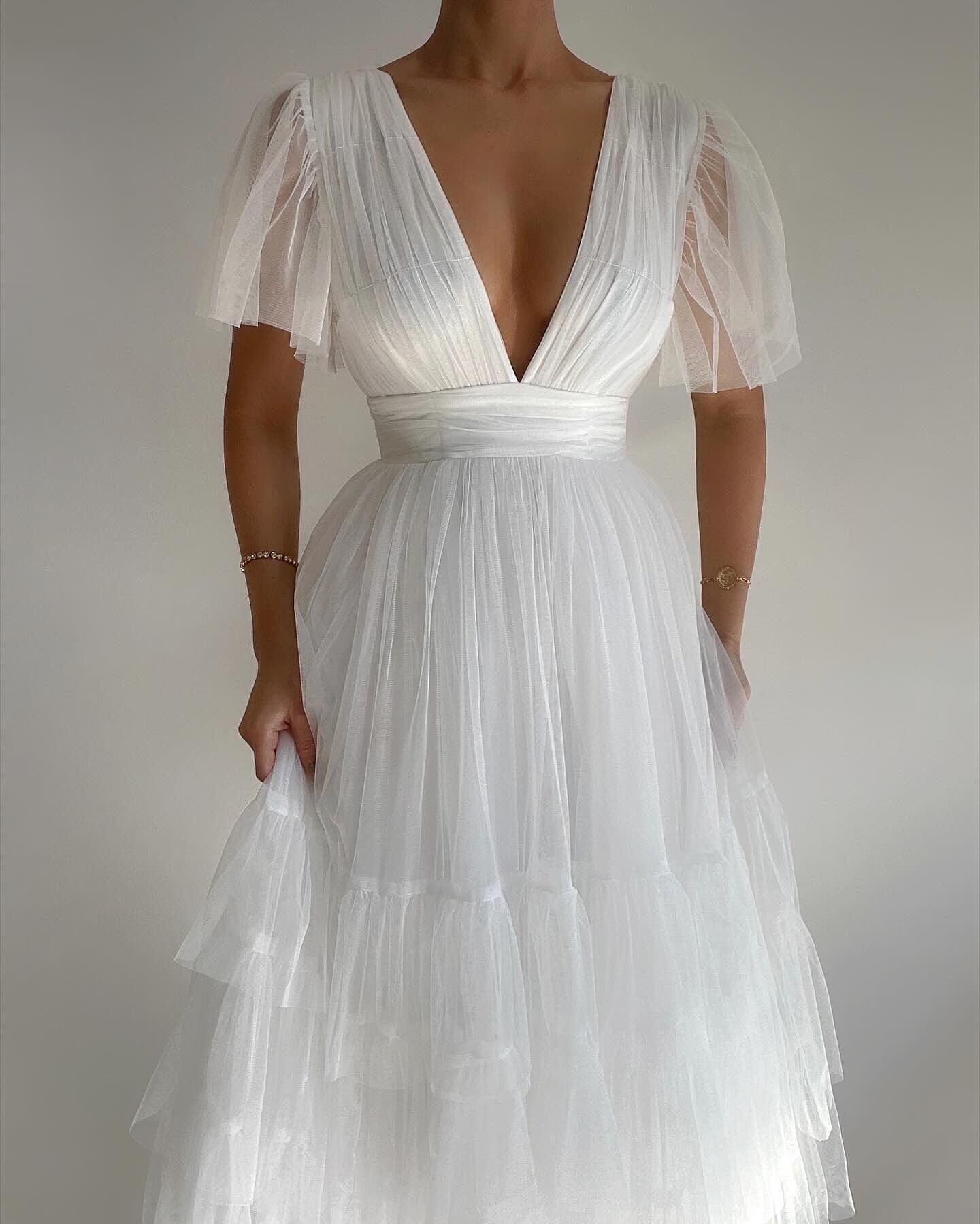 Jiraye Midi Dress - Flutter Sleeve Tuelle Plunge Dress in White | Showpo USA