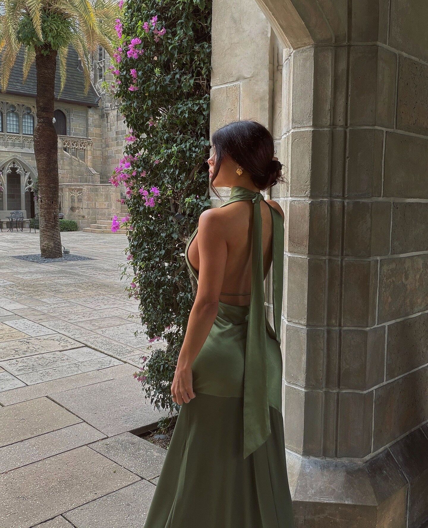 Italia Azure Halterneck Sheer Hem Maxi Dress Olive | Selfie Leslie