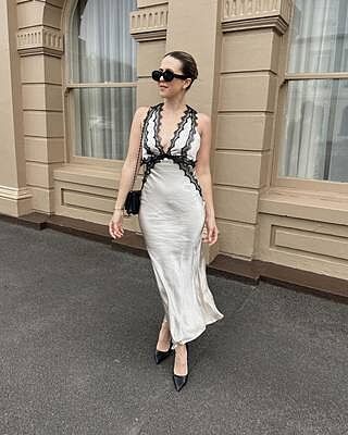 Kaylia Midi Dress - Lace Detail Satin Dress in Oyster