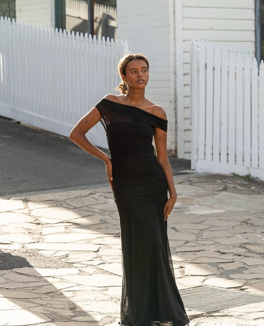 Lylah Asymmetric Neckline Mesh Maxi Dress Black | Selfie Leslie