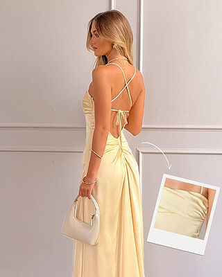 yellow satin dress long sleeve Yellow Beaded Lace Satin Prom Dresses Long Sleeve V-Neck Formal Dress 24515 Yellow / US14