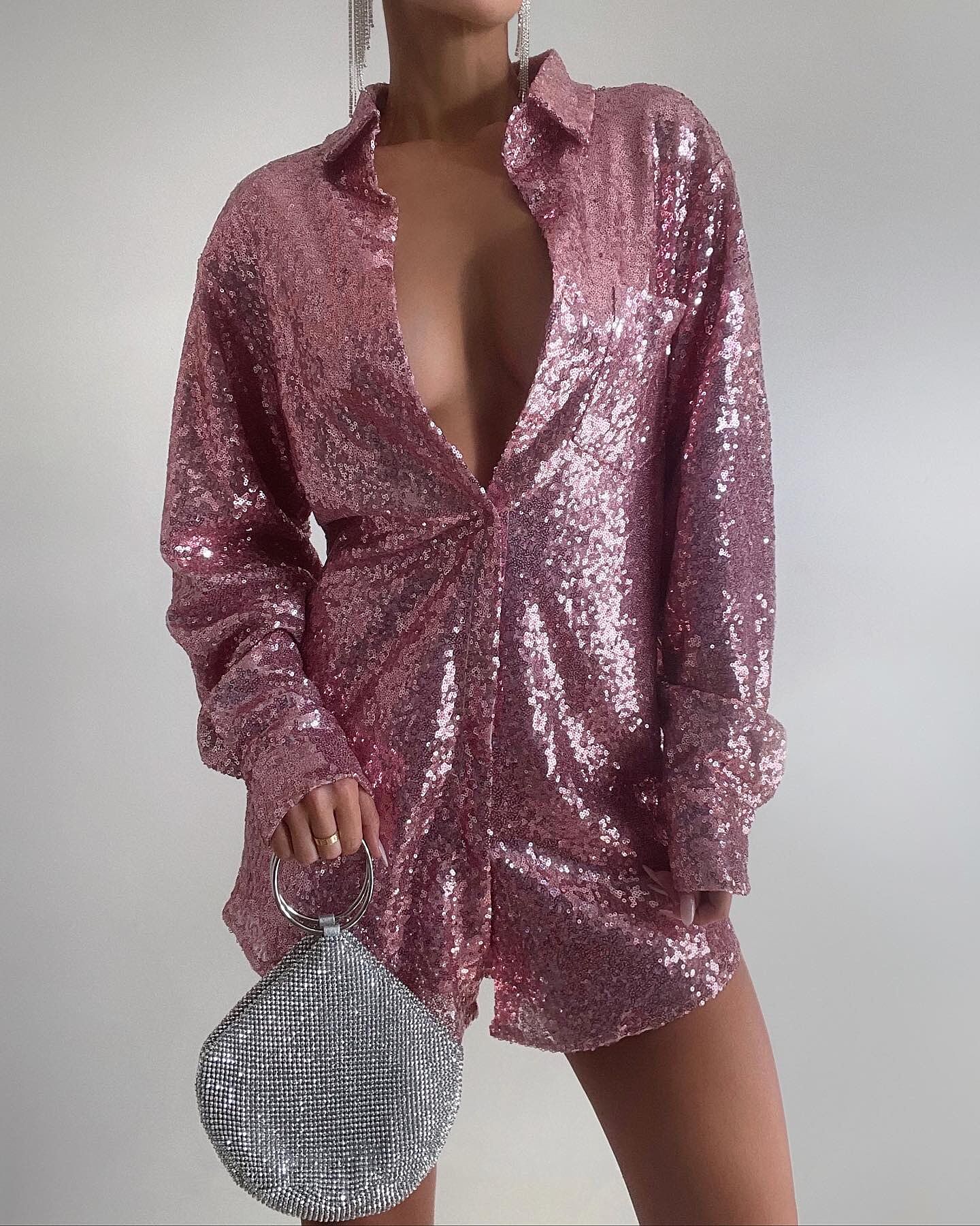 open lace back dress CHOCOLATE SEQUIN OVERSIZED SHIRT DRESS – Arelia's Dream main image 1