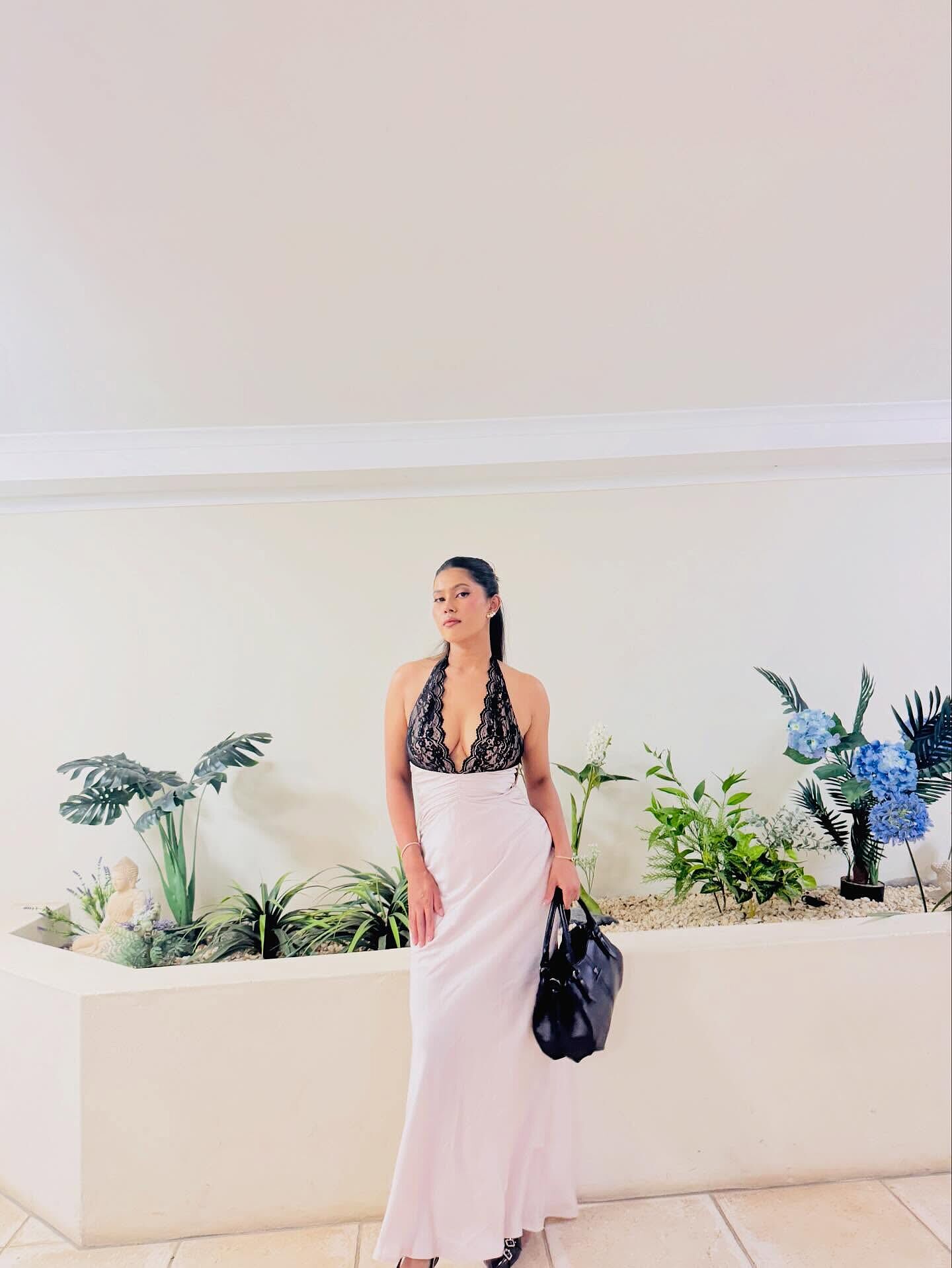 Rarity Satin Lace Halterneck Maxi Dress Champagne Selfie Leslie