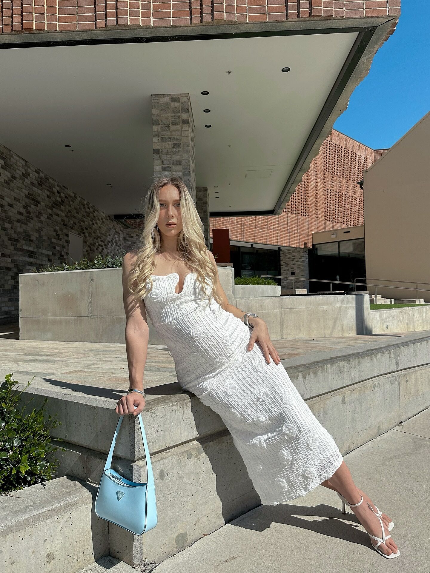 Horizon Strapless Textured Floral Midi Dress White | Selfie Leslie