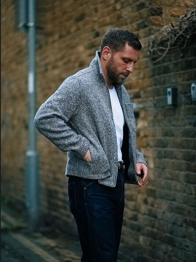 Men's Herringbone Zip Up Jacket | Wool | Ecru Cream | Percival
