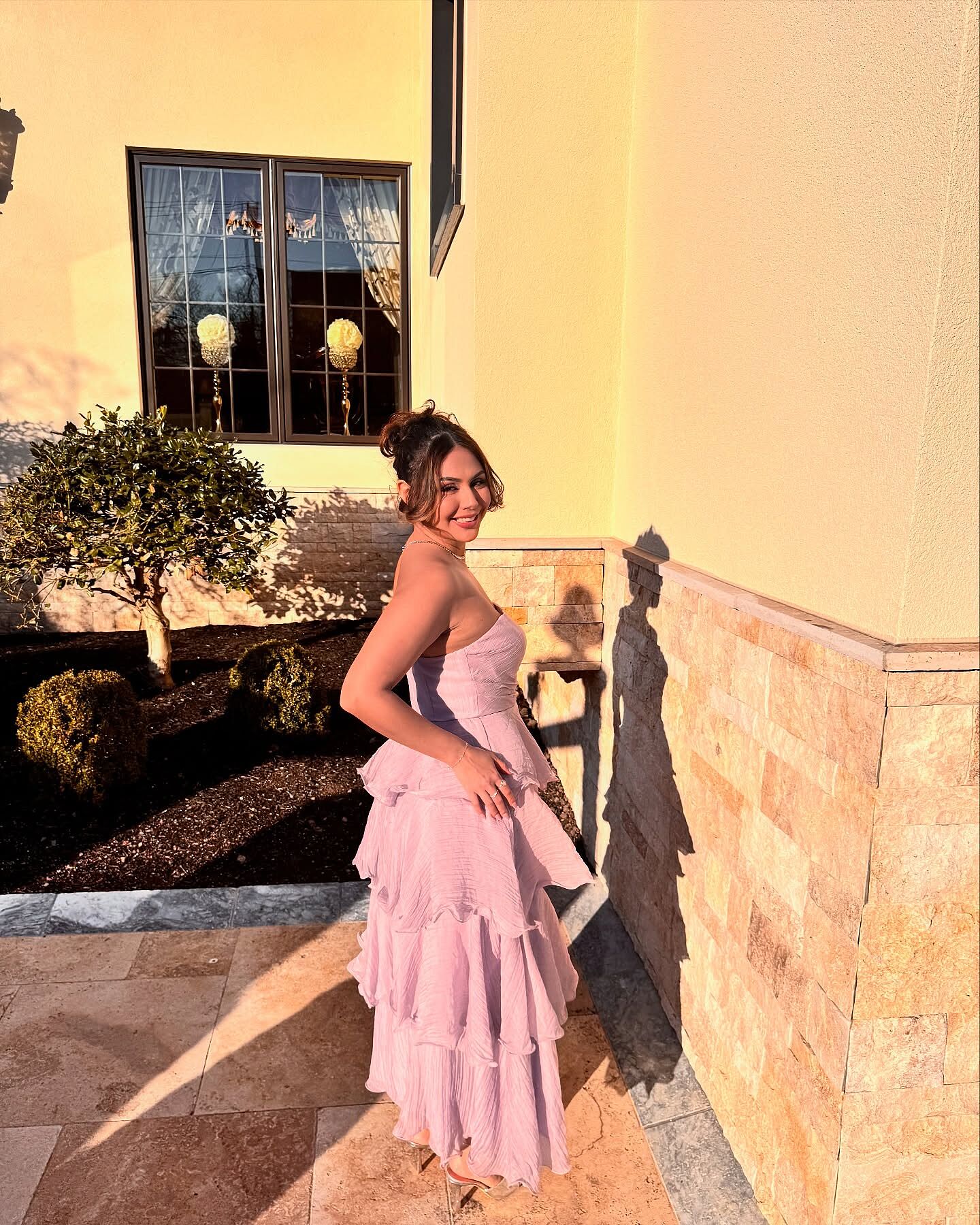Shop the Giavana Strapless Layered Ruffles Midi Dress Lilac