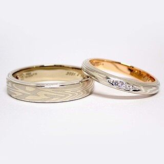結婚指輪デザイン（木目金ストレートWGxPGxGGxSV-雪銀花）｜杢目金屋 