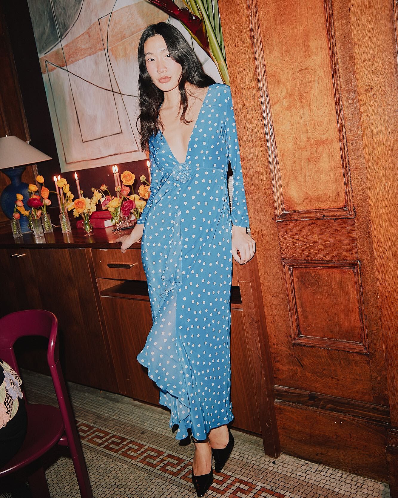 Rose Backless Midi Dress in Waterblossom Red | RIXO USA ⋆