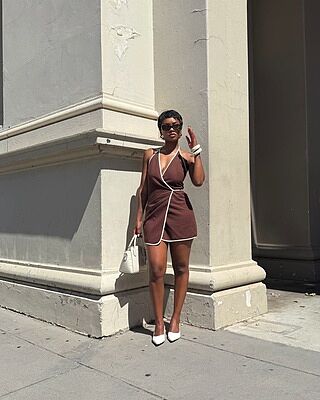 showpo brown dress mini Draped Open-Back A-Line Mini Dress in Chocolate Brown - 6