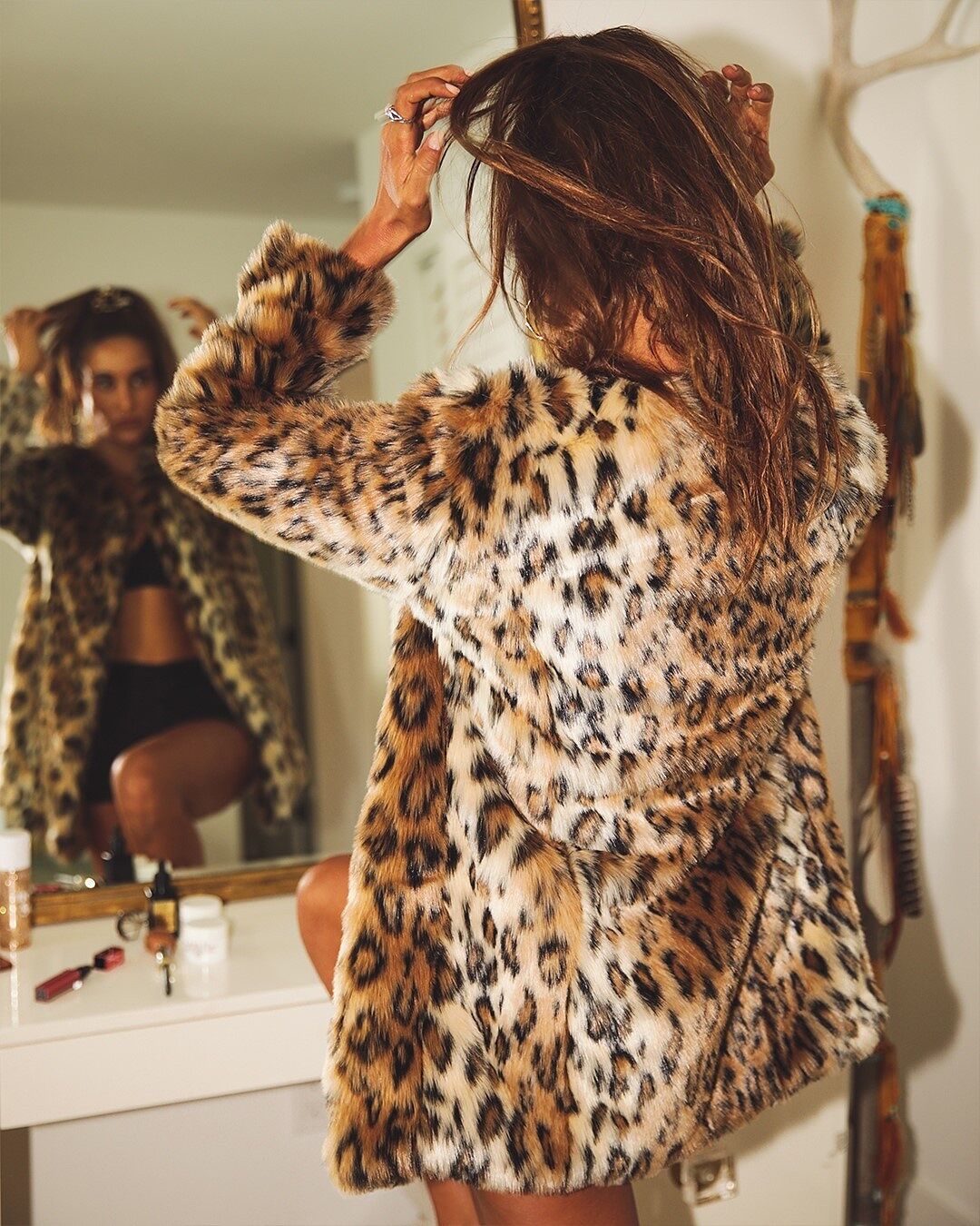 Leopard V-Neck Faux Fur Coat - Women's Wild Elegance - SpiritHoods