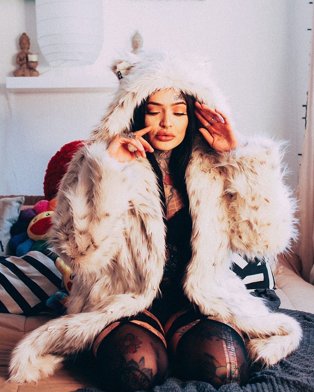 White Snow Leopard Faux Fur Women's Hooded Coat | SpiritHoods