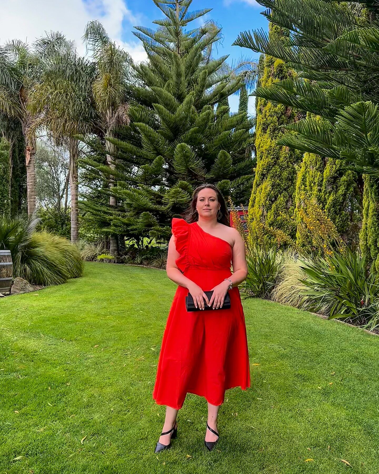 Dixie Midi Dress - Linen Look One Shoulder Ruffle Dress in Red Orange |  Showpo USA