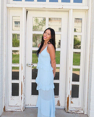 Marlie Frill Trim Rosette Maxi Dress Blue | Selfie Leslie