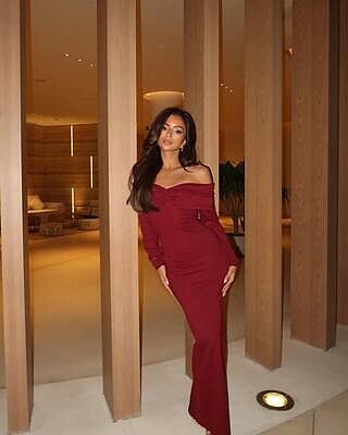 Rani Maxi Dress - Off Shoulder Long Sleeve Bodycon Dress in Wine | Showpo  USA