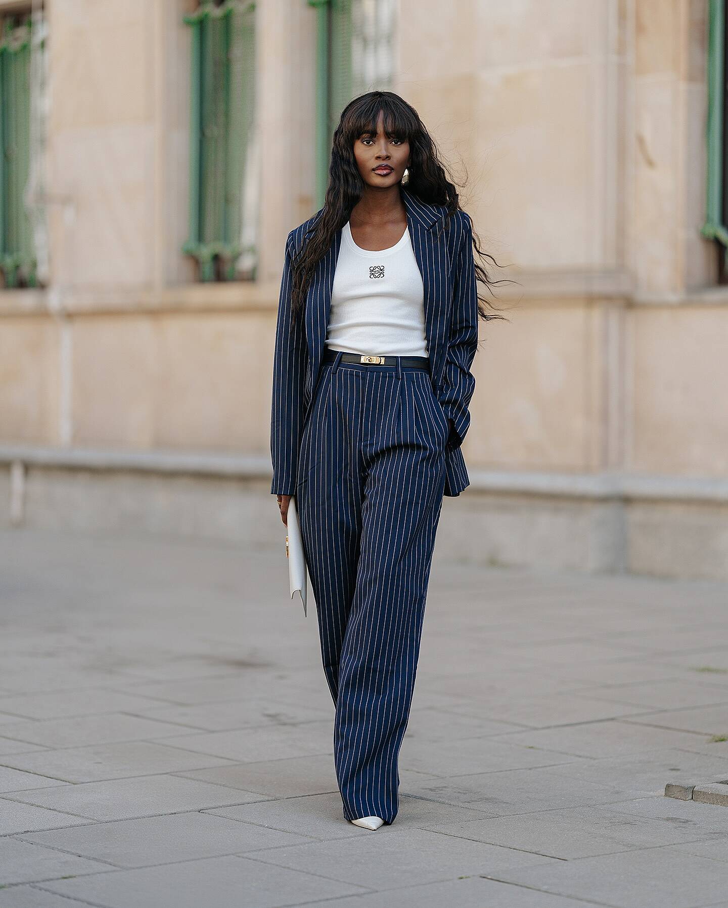 Iyah Pants High Waisted Tailored Pants in Navy Pinstripe Showpo