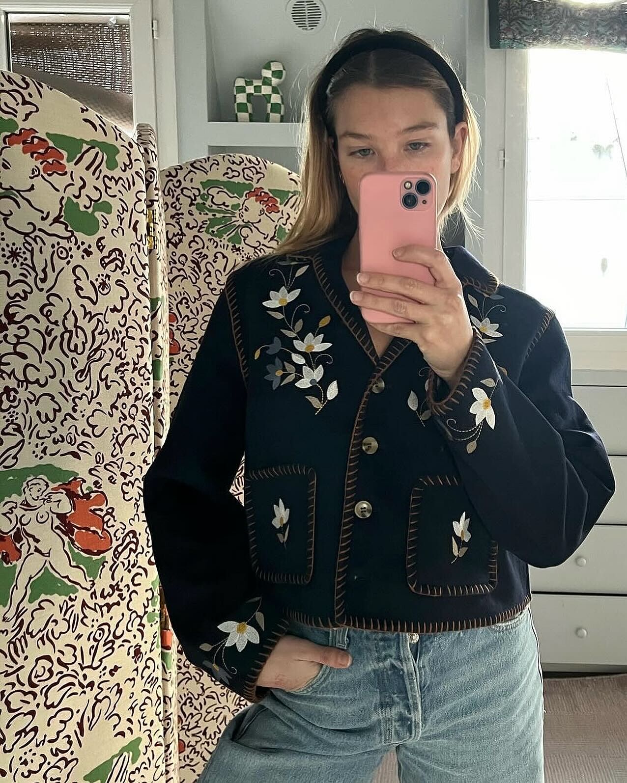 Sunday Embroidered Wool Jacket in Petal Embroidery Navy | RIXO USA ⋆