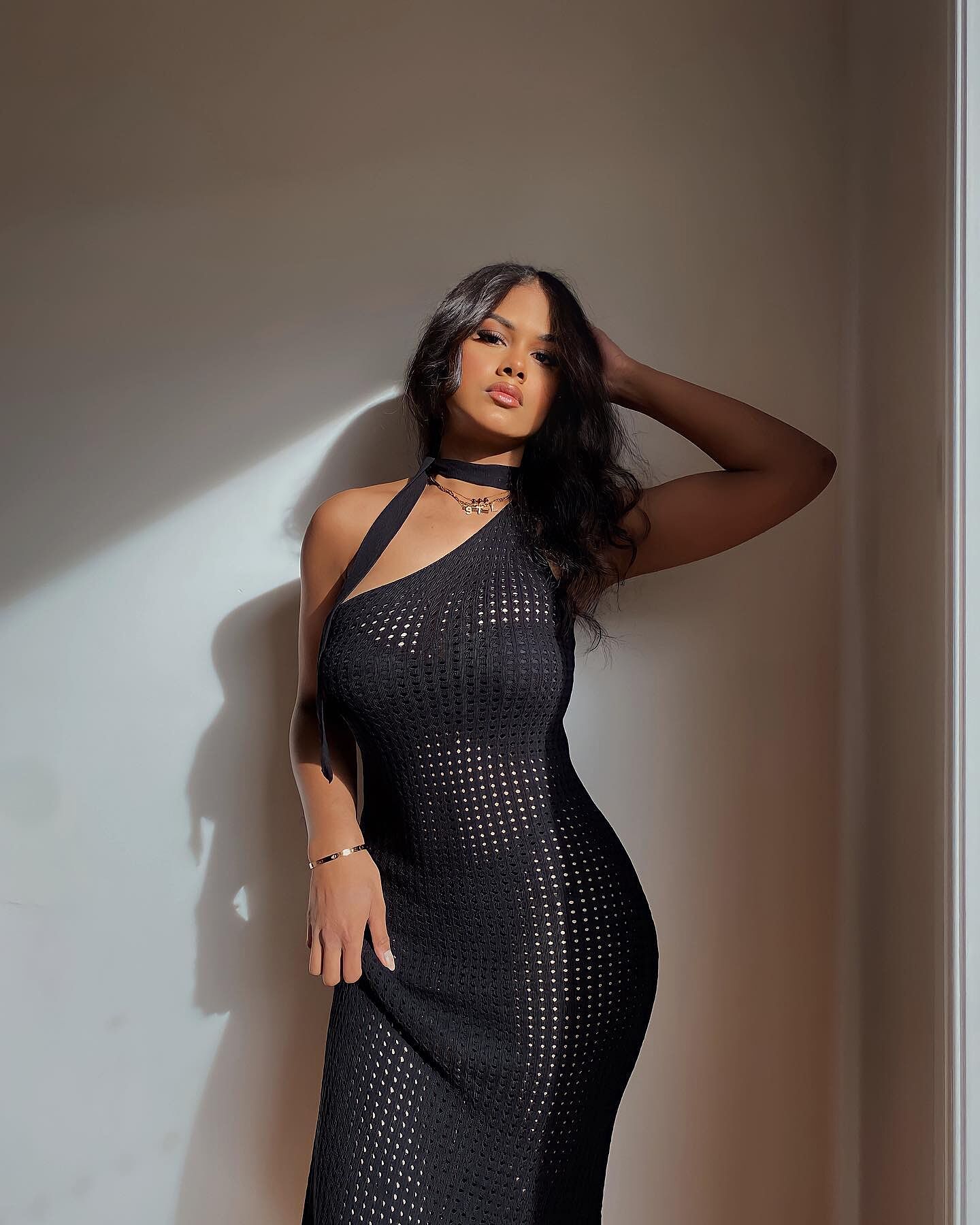 black crochet one shoulder dress Rayna Crochet One Shoulder Maxi Dress - Black