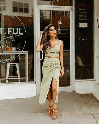 Gibson Two Piece Top and Skirt Set - Linen Crop Top and Knot Front Midi Skirt Set in Celery