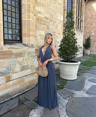 Shop the Italia Azure Gathered Waist Maxi Dress Charcoal
