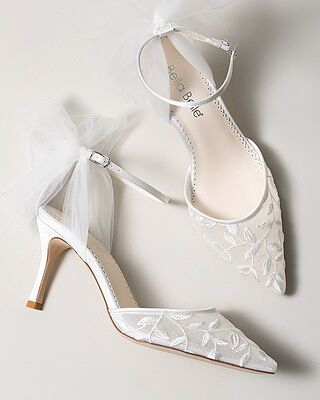Ankle Strap Ivory Lace Wedding Shoes with Tulle Bow