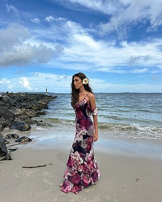 navy blue dress for baby girl Larson Maxi Dress - Asymmetric Tie Neck Column Dress in Chocolate main image 1