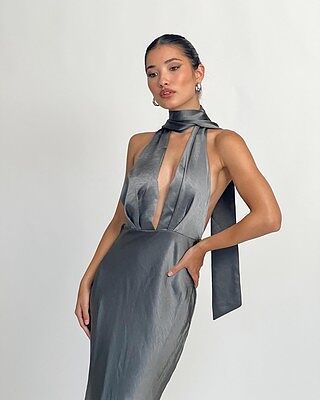 Shop the Italia Azure Halterneck Maxi Dress Charcoal